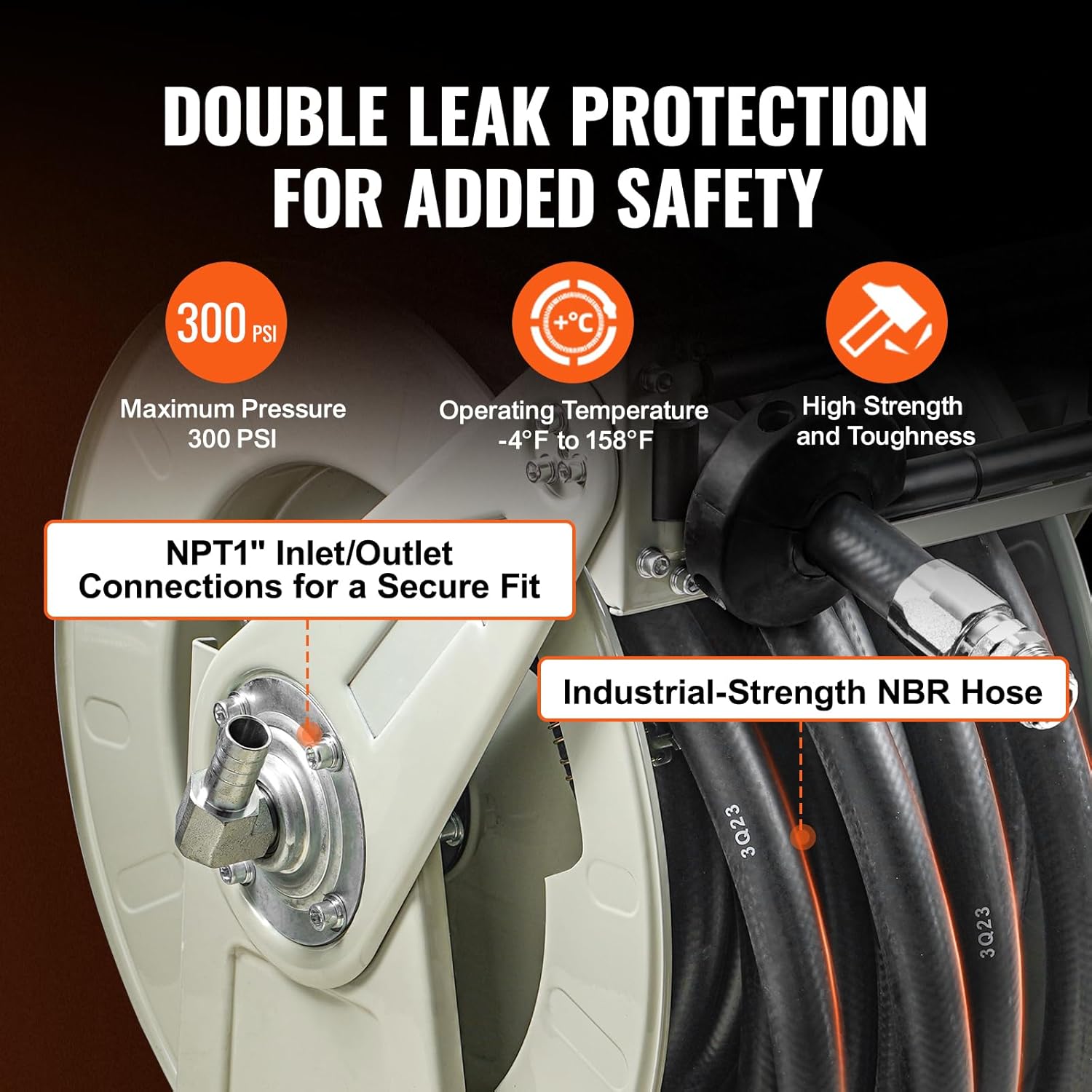 VEVOR Fuel Hose Reel, 50', Extra Long Retractable Diesel Hose Reel, Heavy-Duty Carbon Steel Construction with Automatic Fuel Nozzle, NBR Rubber Hose for Aircraft Ship Vehicle Tank Truck, 300 PSI