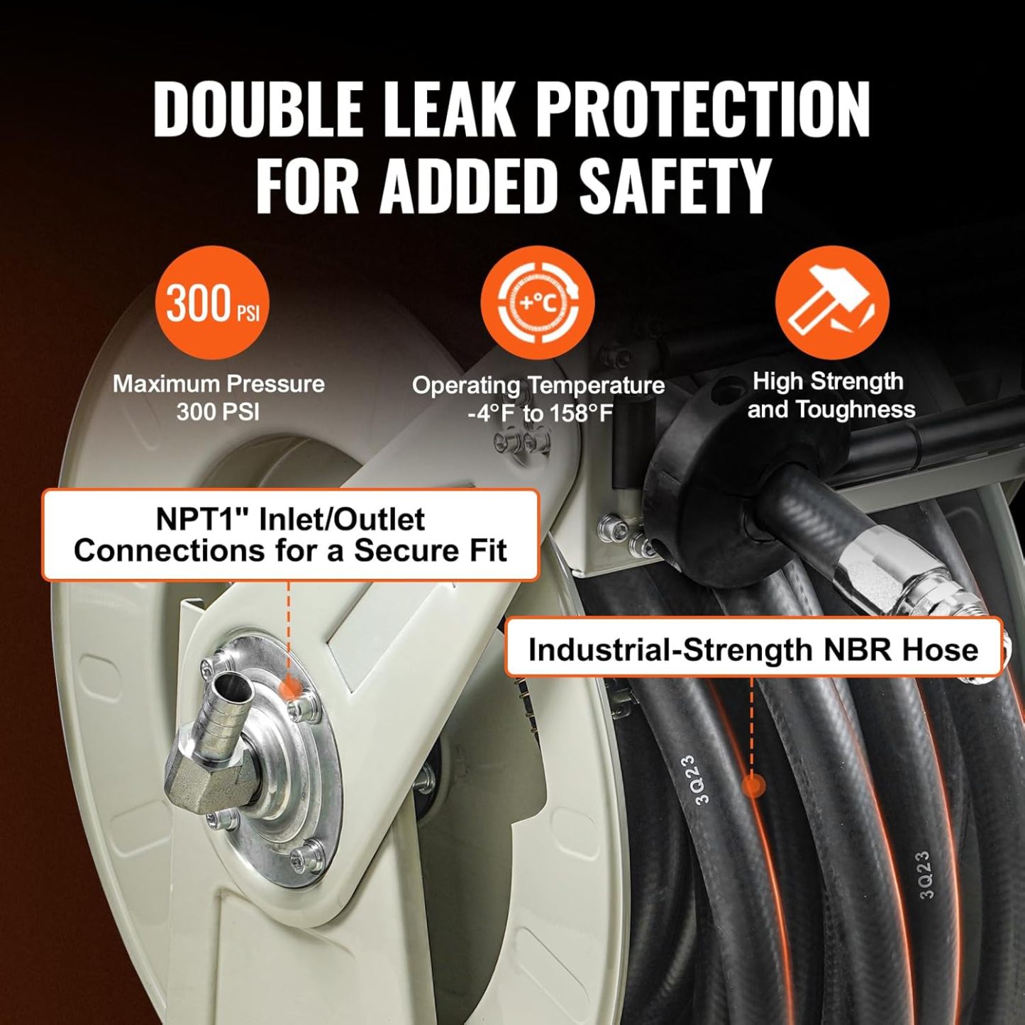 VEVOR Fuel Hose Reel, 50', Extra Long Retractable Diesel Hose Reel, Heavy-Duty Carbon Steel Construction with Automatic Fuel Nozzle, NBR Rubber Hose for Aircraft Ship Vehicle Tank Truck, 300 PSI