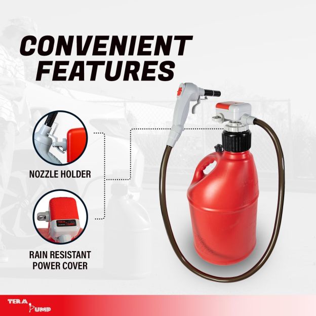 TERA PUMP TRFA03-XL Universal Gas Can Adapter Cap Battery Powered Fuel Transfer Pump (2.3 GPM) No Spill Sensor, 4.27 ft Vinyl Hose, Utility Jug Adapter, Power Nozzle, 4x AA Power