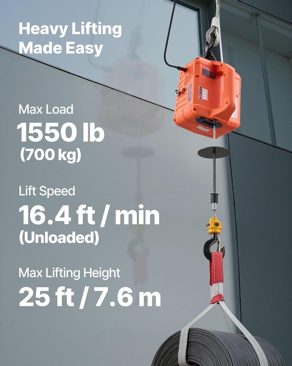 VEVOR 3-in-1 Electric Hoist Winch, 1550 lbs Capacity, 1500W Portable Power Winch Crane, 25 ft Lifting Height, 16.4 ft/min with Manual, Wired and Wireless Remote Control for Factory, Warehouss, Garage