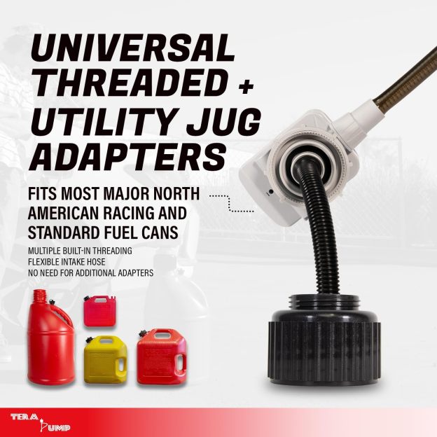 TERA PUMP TRFA03-XL Universal Gas Can Adapter Cap Battery Powered Fuel Transfer Pump (2.3 GPM) No Spill Sensor, 4.27 ft Vinyl Hose, Utility Jug Adapter, Power Nozzle, 4x AA Power