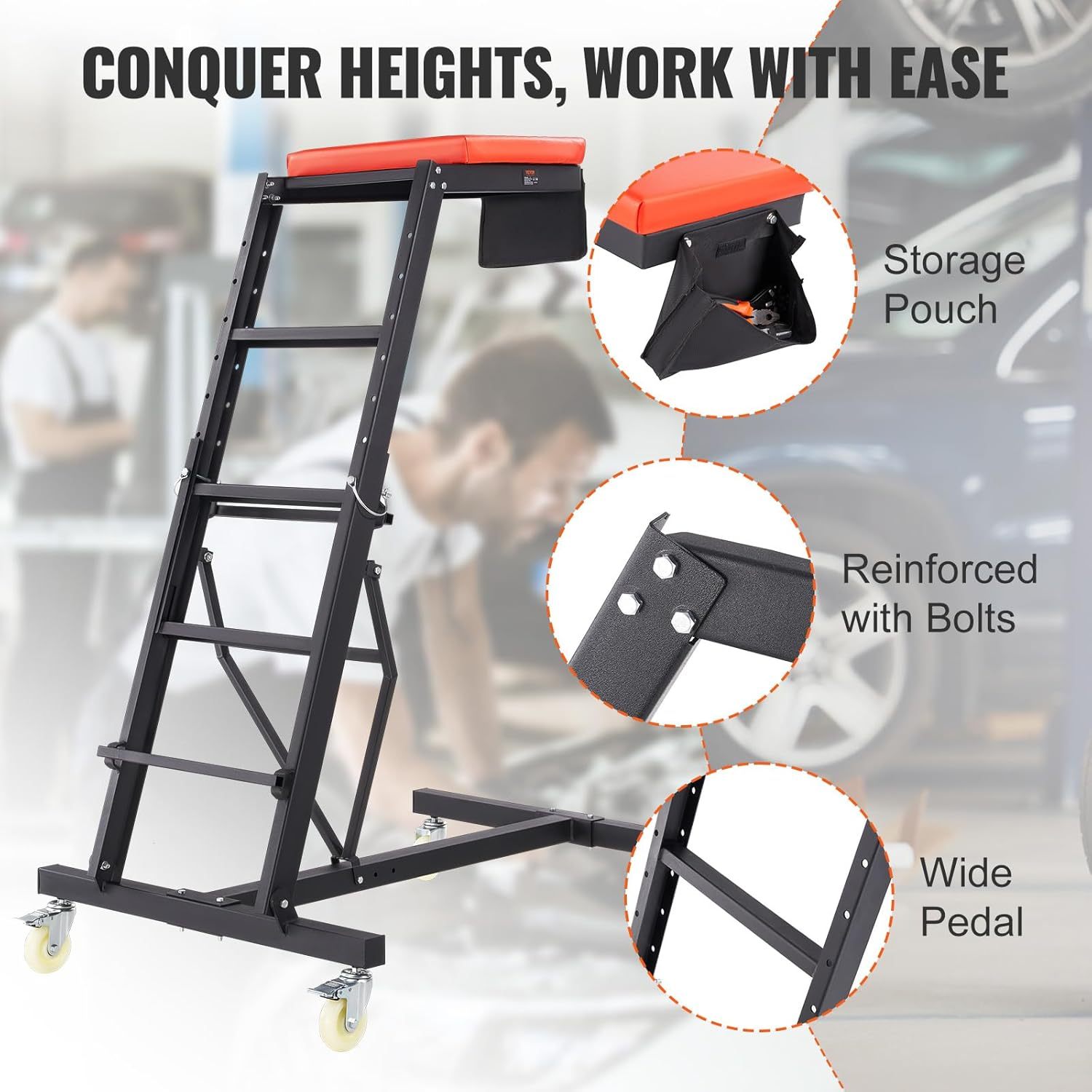 VEVOR Top Automotive Creeper, Engine Creeper 42.5"-64.8", 400 LBS Capacity High Top Creeper, 4 Swivel Caster Wheels, Padded Deck, Creeper for Home Garage, Workshop Repair Maintenance