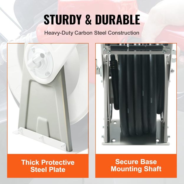 VEVOR Fuel Hose Reel, 50', Extra Long Retractable Diesel Hose Reel, Heavy-Duty Carbon Steel Construction with Automatic Fuel Nozzle, NBR Rubber Hose for Aircraft Ship Vehicle Tank Truck, 300 PSI