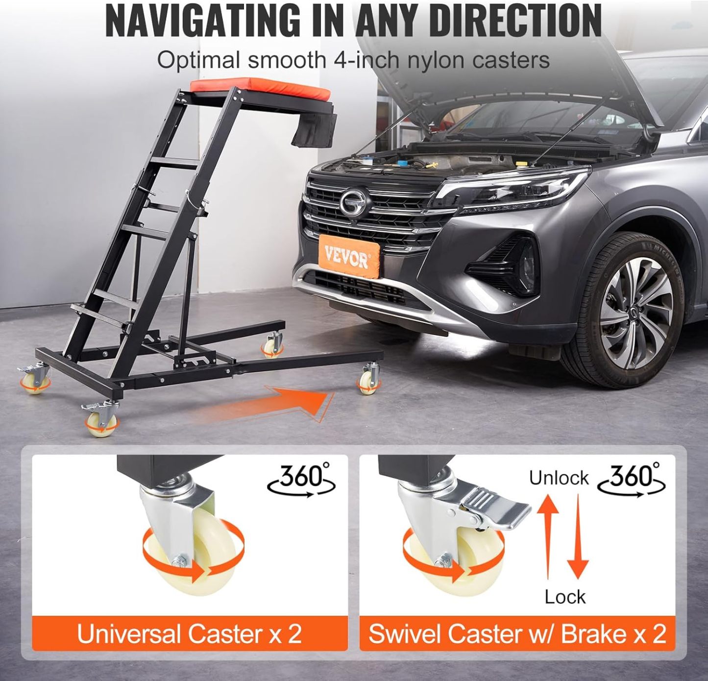 VEVOR Top Automotive Creeper, Engine Creeper 42.5"-64.8", 400 LBS Capacity High Top Creeper, 4 Swivel Caster Wheels, Padded Deck, Creeper for Home Garage, Workshop Repair Maintenance