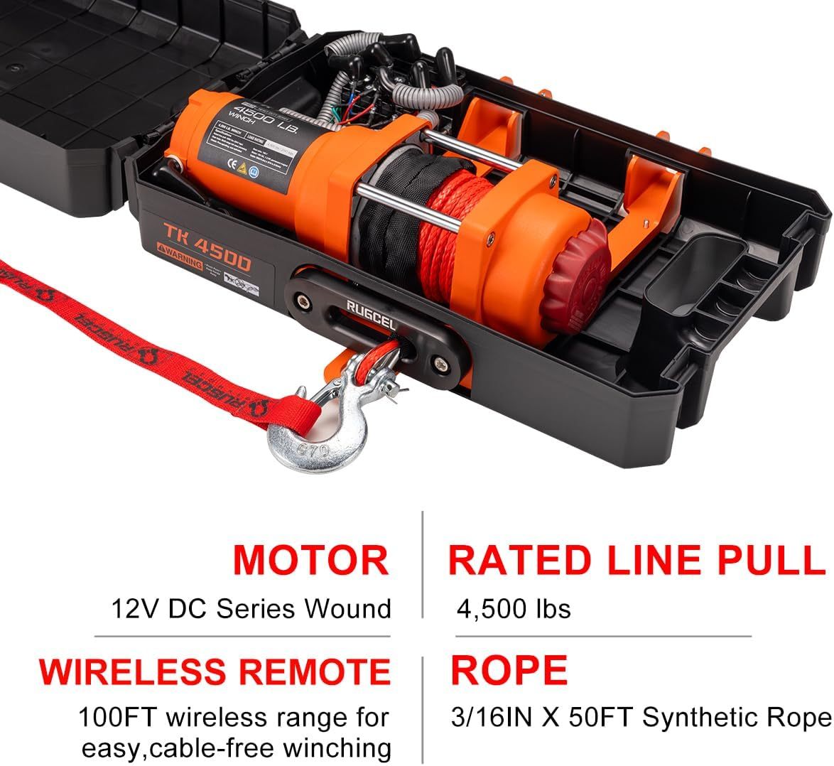 RUGCEL WINCH Portable Winch 12V DC Electric Utility winch,4500lb/2041kg Single Line Pull with Steel Mounting Plate, Integrated Hawse Fairlead and Synthetic Rope,Infrared remote control,atv utv winch