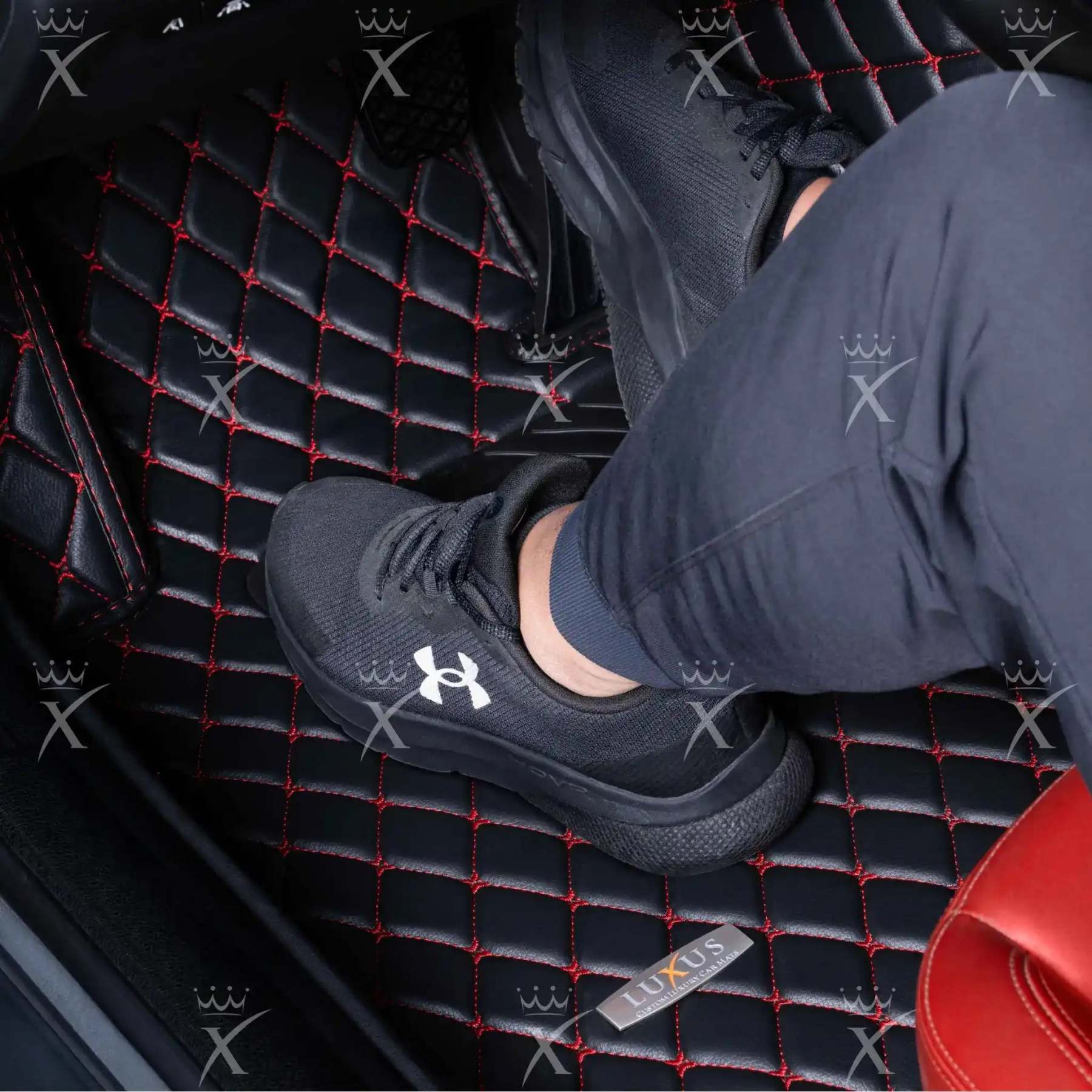 Black & Beige Stitching Diamond & Black Carpet | Double Layer Luxury Car Mats Set