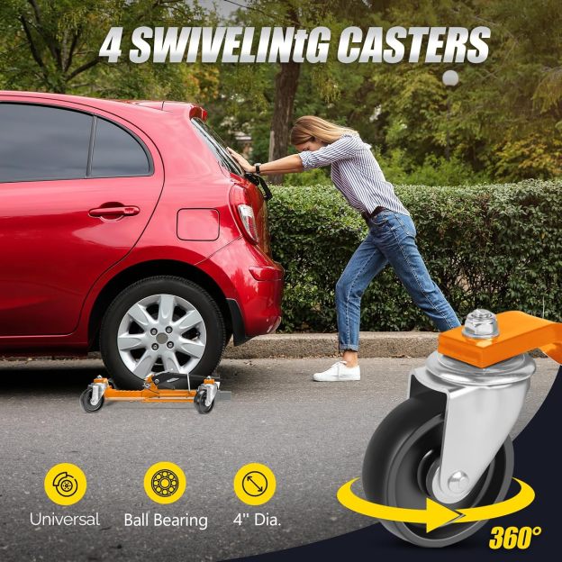 TUFFIOM Car Wheel Dolly Jack Set of 2, Mechanical 3000-lbs Car Skates, 12'' Wheel Vehicle Positioning Jack, Heavy Duty Rollers with Ratcheting Foot Pedal for Tire Auto Repair Moving, Orange