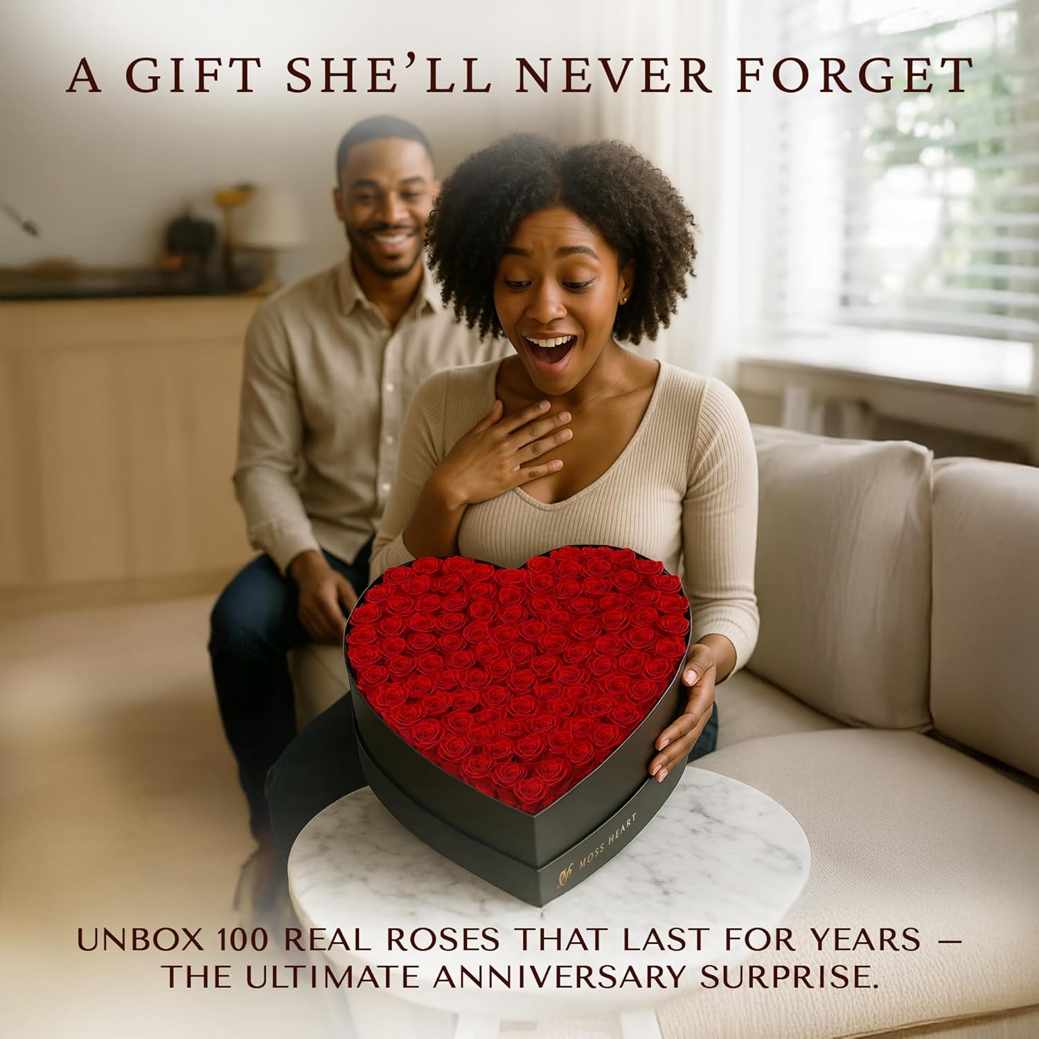 100 Preserved Roses in Designer Heart-Shaped Box, Real Forever Roses, Long-Lasting 1+ Year, No Watering, Luxury Home Décor Arrangement, Valentine’s Day Gift for Wife or Girlfriend