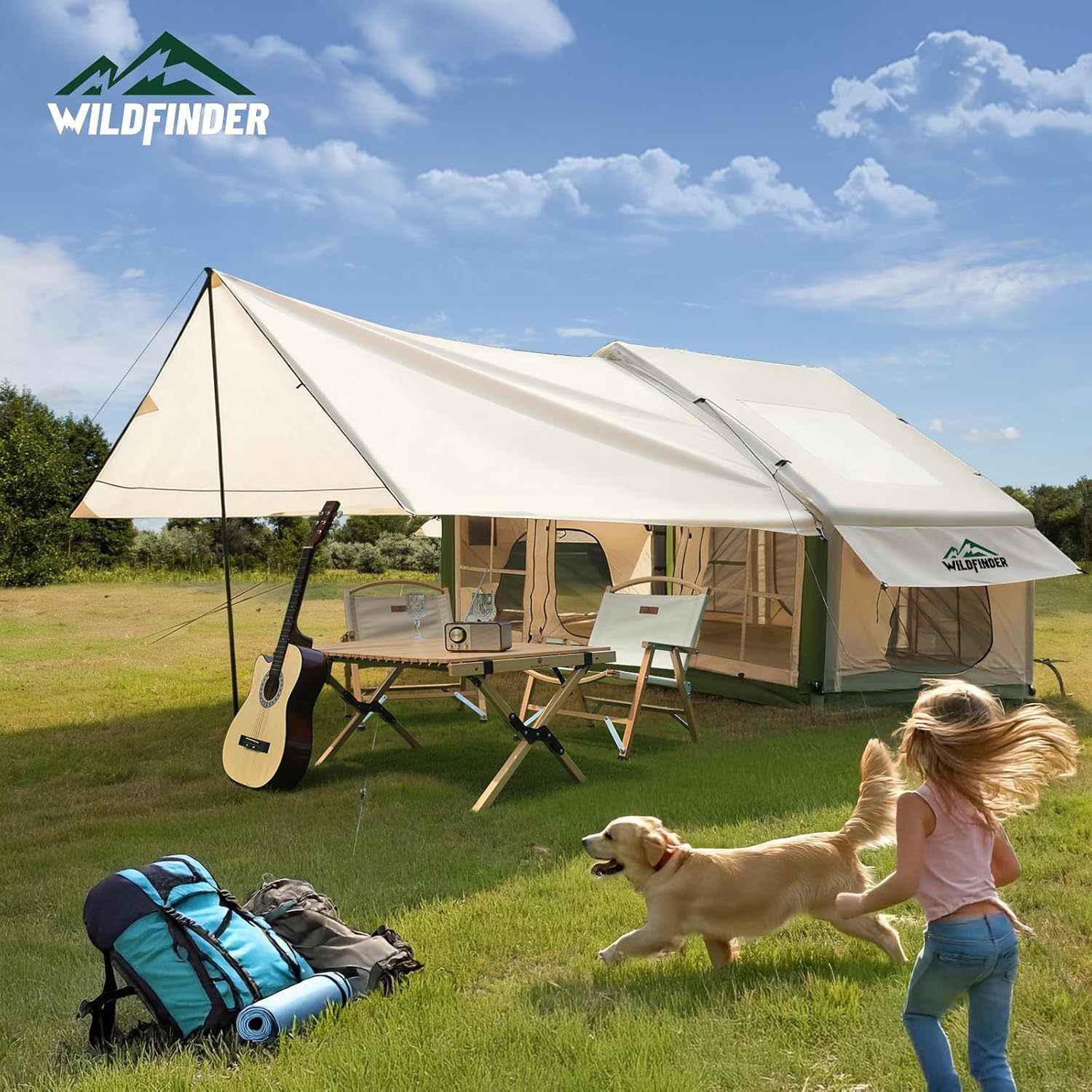 Inflatable Tent with Skylight, Quick Setup Blow Up Tents with Pump, Hot Tent with Stove Jack, Waterproof Oxford Inflatable House for Camping, Air Glamping Tents for Camping Adult 4-6 Person