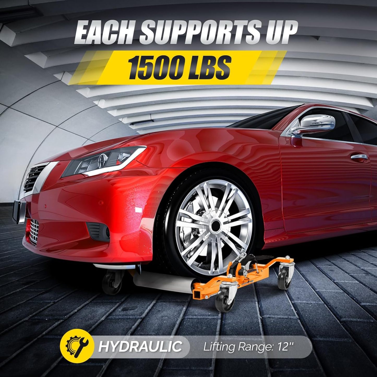 TUFFIOM Car Wheel Dolly Jack Set of 2, Mechanical 3000-lbs Car Skates, 12'' Wheel Vehicle Positioning Jack, Heavy Duty Rollers with Ratcheting Foot Pedal for Tire Auto Repair Moving, Orange