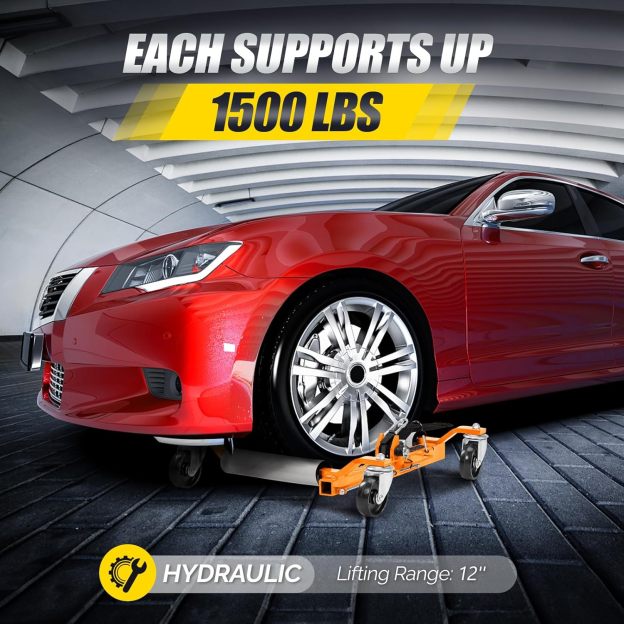 TUFFIOM Car Wheel Dolly Jack Set of 2, Mechanical 3000-lbs Car Skates, 12'' Wheel Vehicle Positioning Jack, Heavy Duty Rollers with Ratcheting Foot Pedal for Tire Auto Repair Moving, Orange