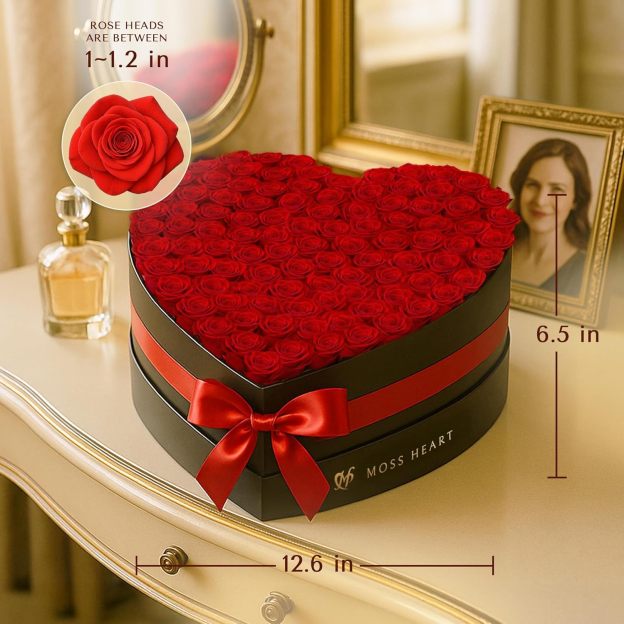 100 Preserved Roses in Designer Heart-Shaped Box, Real Forever Roses, Long-Lasting 1+ Year, No Watering, Luxury Home Décor Arrangement, Valentine’s Day Gift for Wife or Girlfriend