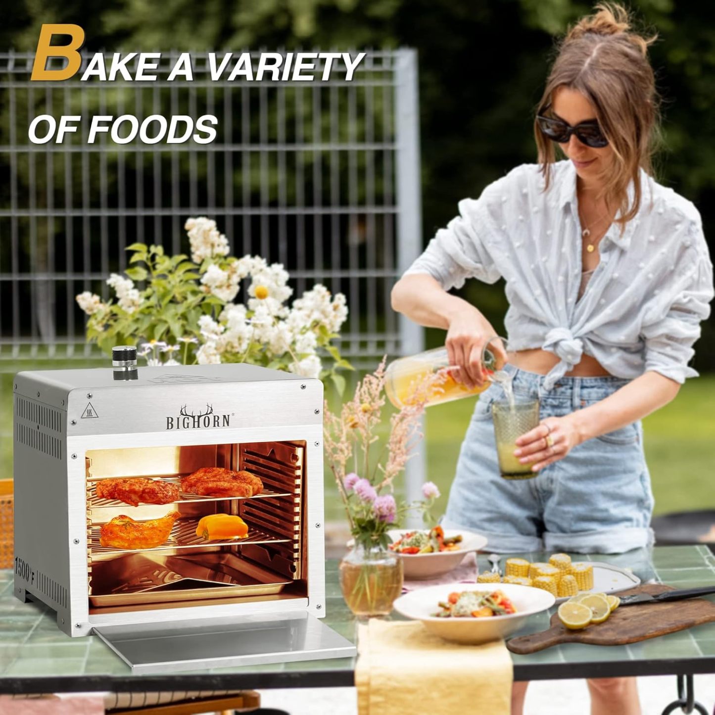 Big Horn 1500℉ portable infrared steak grill, baking a variety of foods, stainless steel construction, outdoor cooking.
