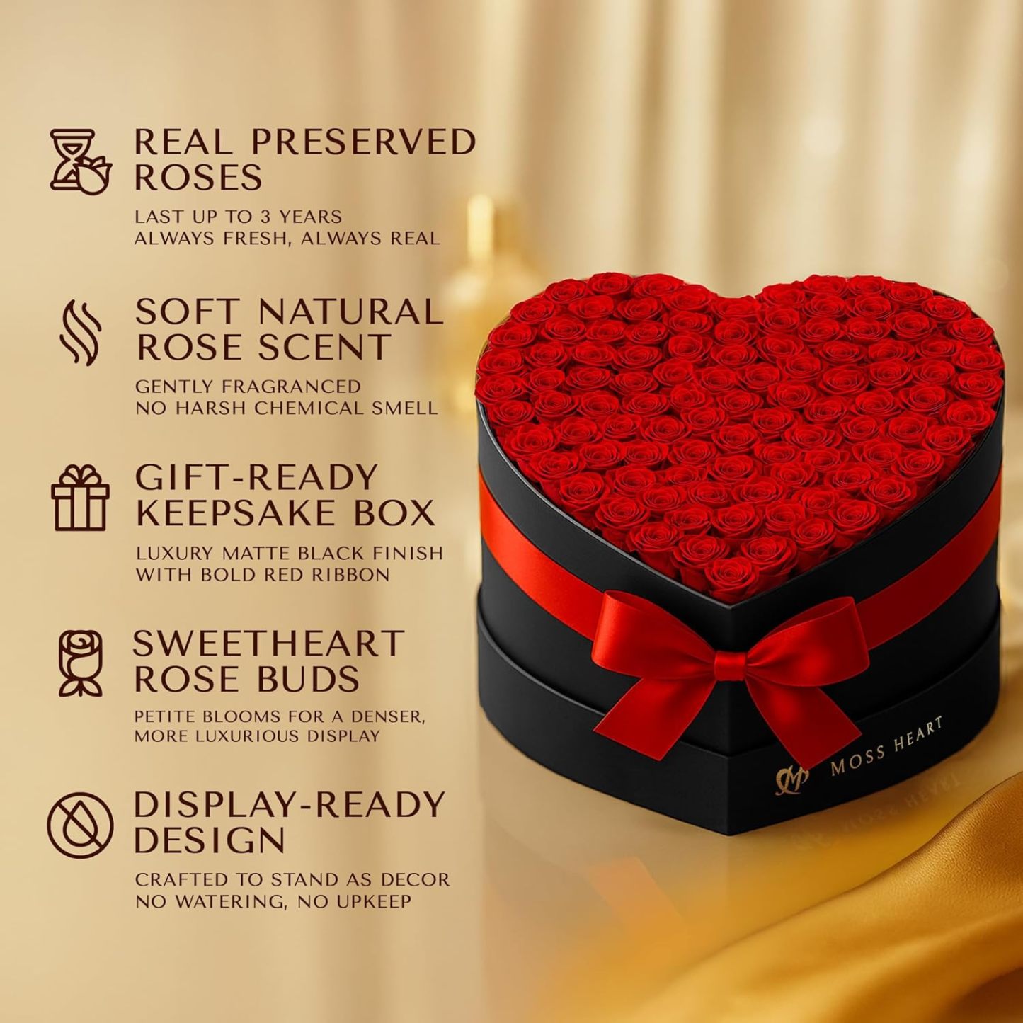 100 Preserved Roses in Designer Heart-Shaped Box, Real Forever Roses, Long-Lasting 1+ Year, No Watering, Luxury Home Décor Arrangement, Valentine’s Day Gift for Wife or Girlfriend