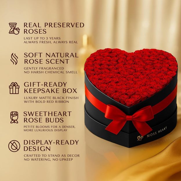 100 Preserved Roses in Designer Heart-Shaped Box, Real Forever Roses, Long-Lasting 1+ Year, No Watering, Luxury Home Décor Arrangement, Valentine’s Day Gift for Wife or Girlfriend