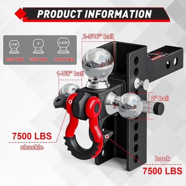 TYT Adjustable Tri-Ball Trailer Hitch for 2 inch Receiver, 4.5" Drop/Rise, Triple Balls (1-7/8", 2", 2-5/16") with Tow Hook & Shackle, 10,000 lbs GTW, 1,000 lbs TW, Pin Lock & Hitch Tightener