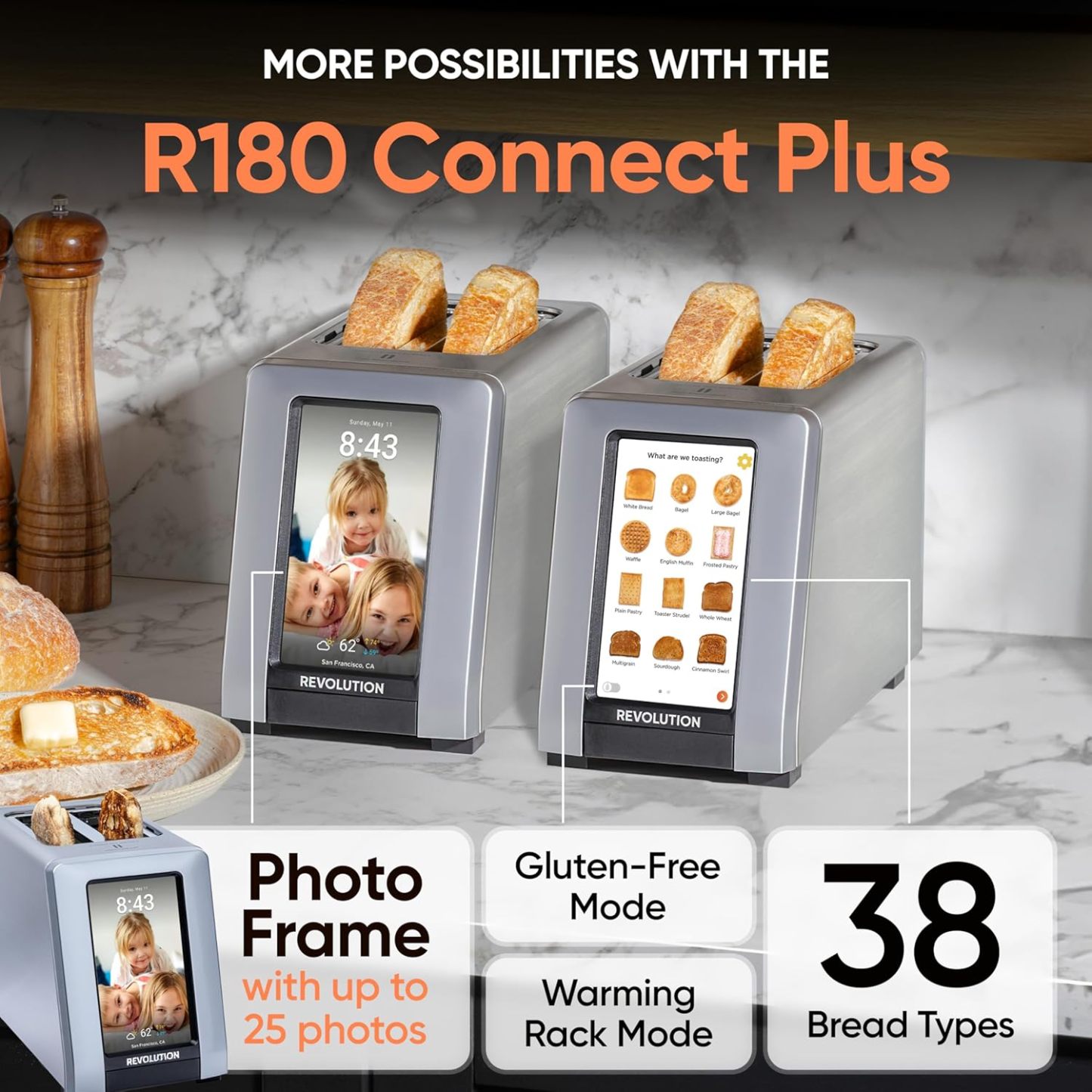 Revolution R180 Connect Plus Smart Toaster with Touchscreen (Bundle with Toastie Press & Warming Rack) Choose from 40+ Bread Types, 7 Browning Levels, & Toastie Press Mode