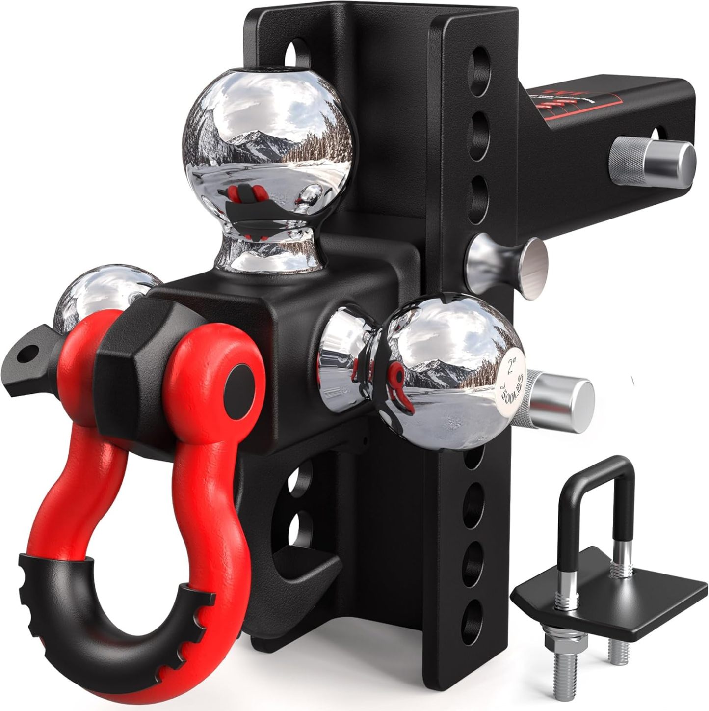 TYT Adjustable Tri-Ball Trailer Hitch for 2 inch Receiver, 4.5" Drop/Rise, Triple Balls (1-7/8", 2", 2-5/16") with Tow Hook & Shackle, 10,000 lbs GTW, 1,000 lbs TW, Pin Lock & Hitch Tightener