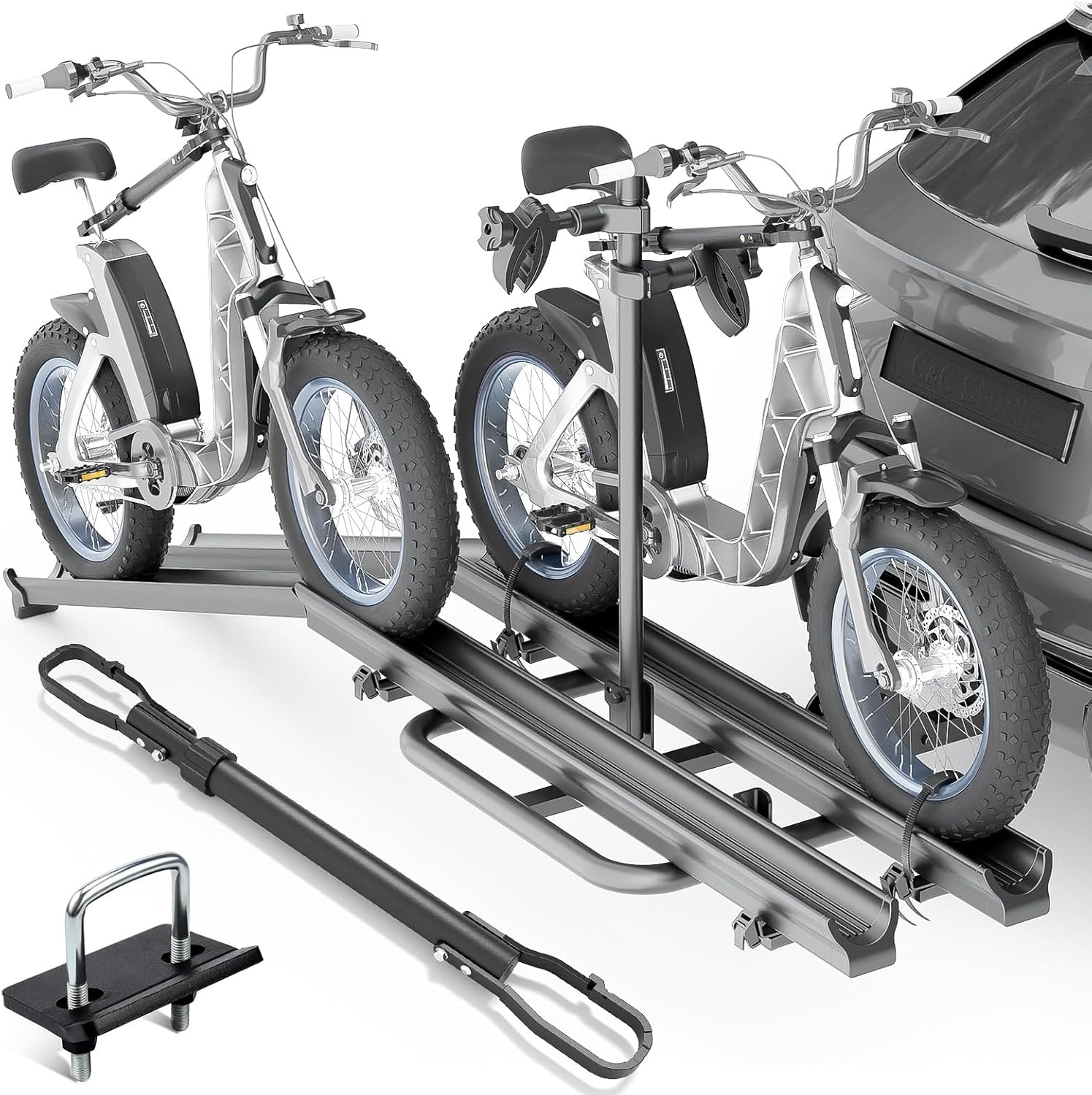 2 EBike Rack with Cross Bar, 200 LBS Capacity Electric Bicycle Racks with Ramp, 5" Fat Tire Carrier, Lockable & Foldable Bike Racks Platform, Fits 2" Standard Hitch for SUVs Cars Trucks Vans