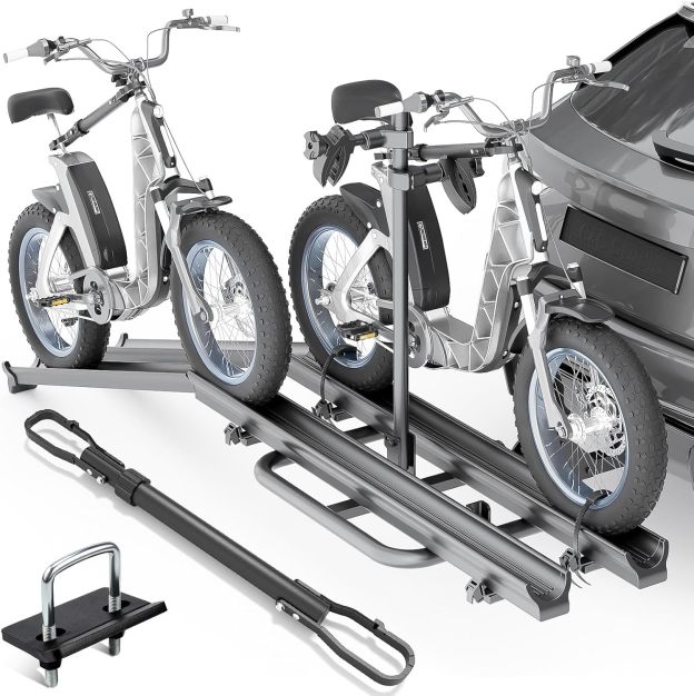 2 EBike Rack with Cross Bar, 200 LBS Capacity Electric Bicycle Racks with Ramp, 5" Fat Tire Carrier, Lockable & Foldable Bike Racks Platform, Fits 2" Standard Hitch for SUVs Cars Trucks Vans