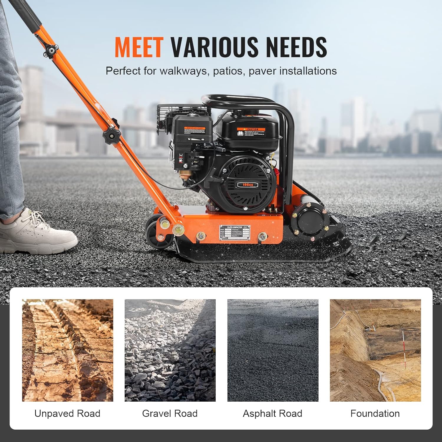 VEVOR 6.5HP Plate Compactor, 196CC Gas Engine, 2360 lbs Vibratory Compaction Tamper, 22.1x15.9 in Plate Power Jumping Jack Tamper, 5600 VPM Pavement Compactor for Walkways, Asphalts, Paver Landscaping