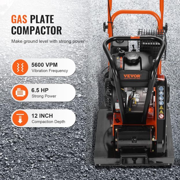 VEVOR 6.5HP Plate Compactor, 196CC Gas Engine, 2360 lbs Vibratory Compaction Tamper, 22.1x15.9 in Plate Power Jumping Jack Tamper, 5600 VPM Pavement Compactor for Walkways, Asphalts, Paver Landscaping