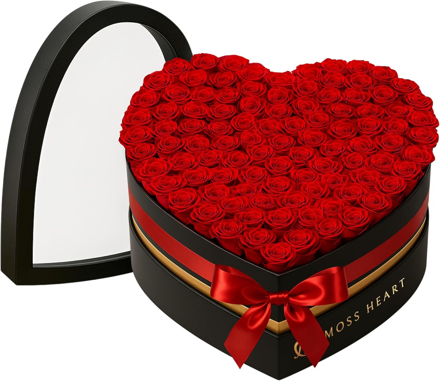 100 Preserved Roses in Designer Heart-Shaped Box, Real Forever Roses, Long-Lasting 1+ Year, No Watering, Luxury Home Décor Arrangement, Valentine’s Day Gift for Wife or Girlfriend