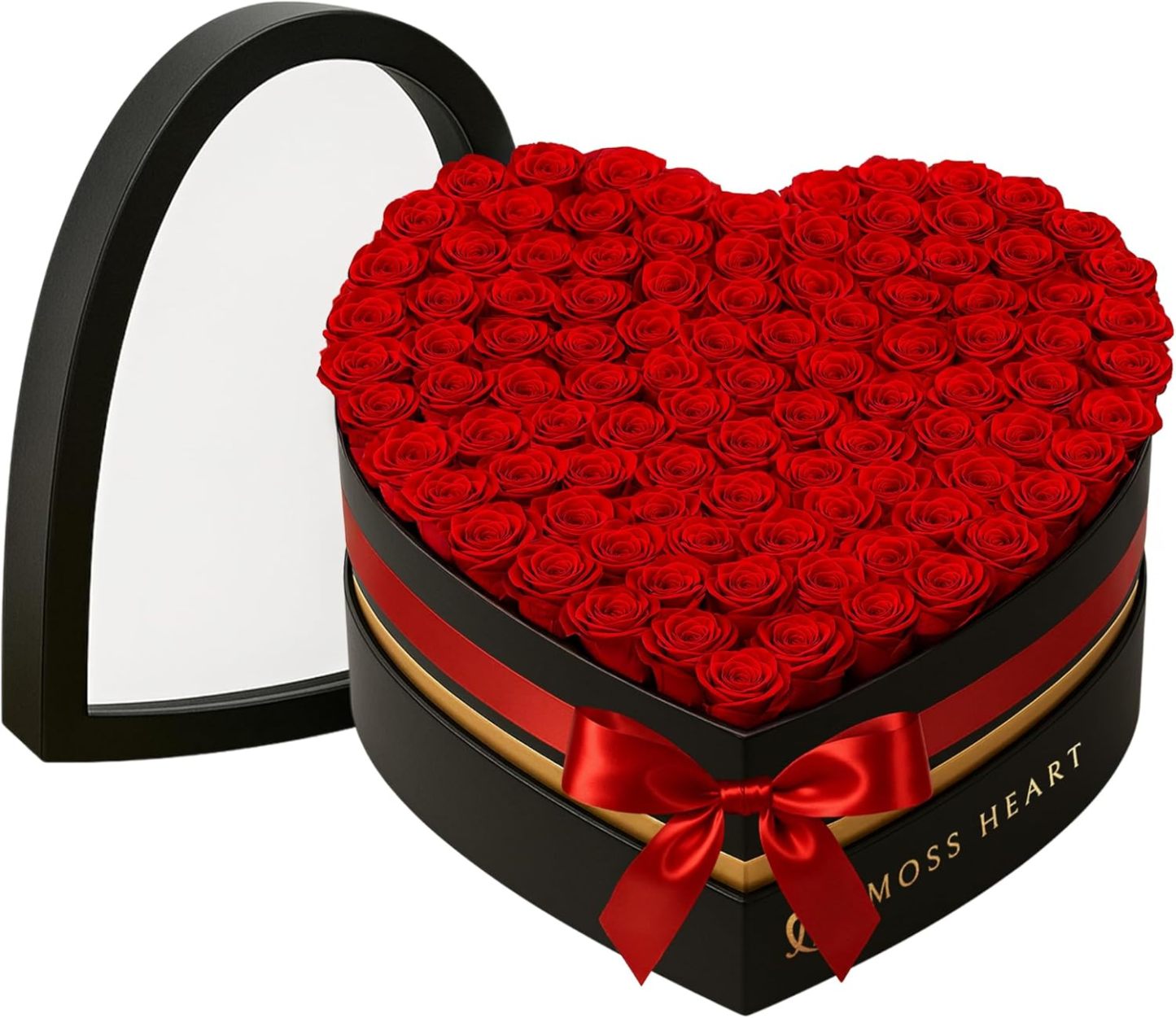 100 Preserved Roses in Designer Heart-Shaped Box, Real Forever Roses, Long-Lasting 1+ Year, No Watering, Luxury Home Décor Arrangement, Valentine’s Day Gift for Wife or Girlfriend