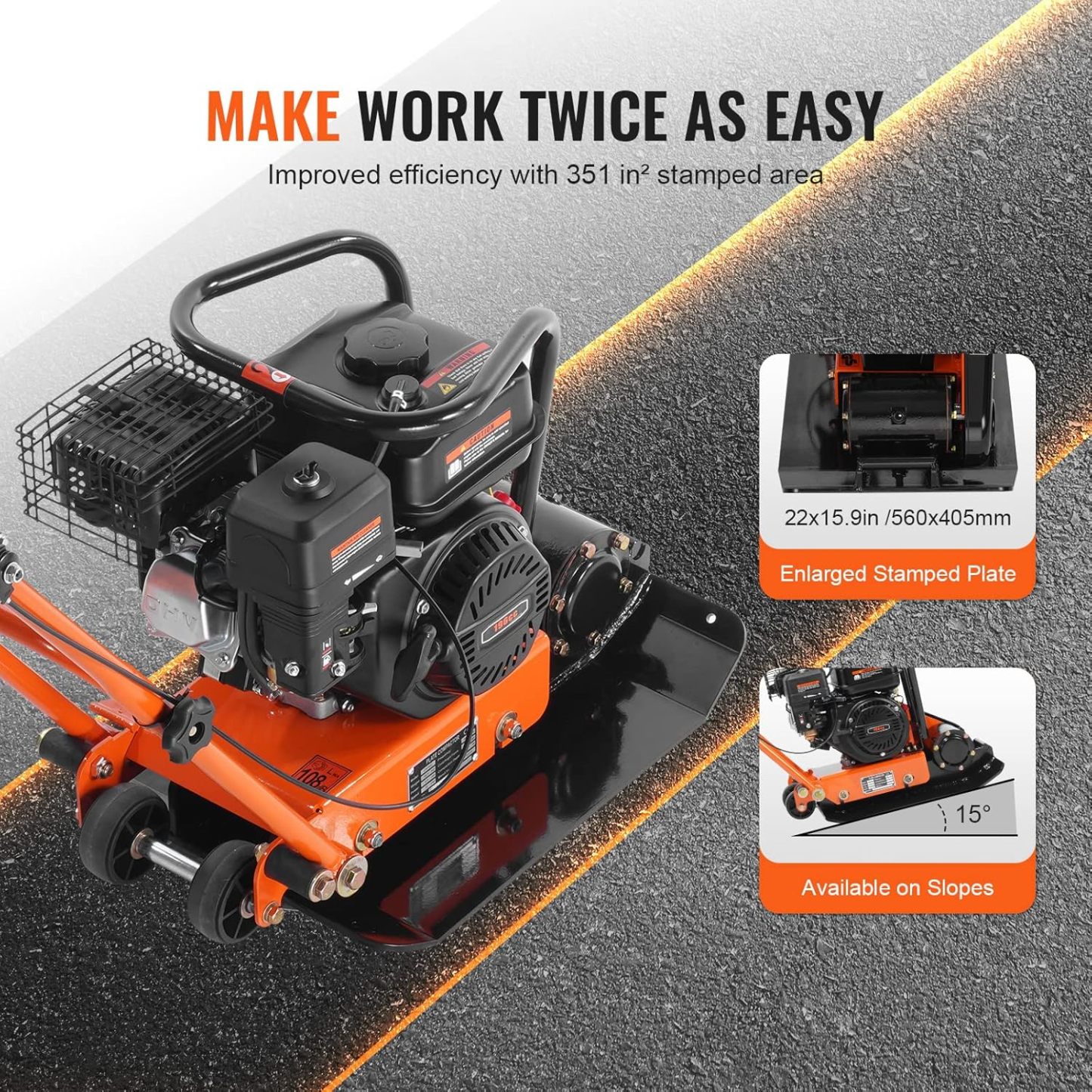VEVOR 6.5HP Plate Compactor, 196CC Gas Engine, 2360 lbs Vibratory Compaction Tamper, 22.1x15.9 in Plate Power Jumping Jack Tamper, 5600 VPM Pavement Compactor for Walkways, Asphalts, Paver Landscaping