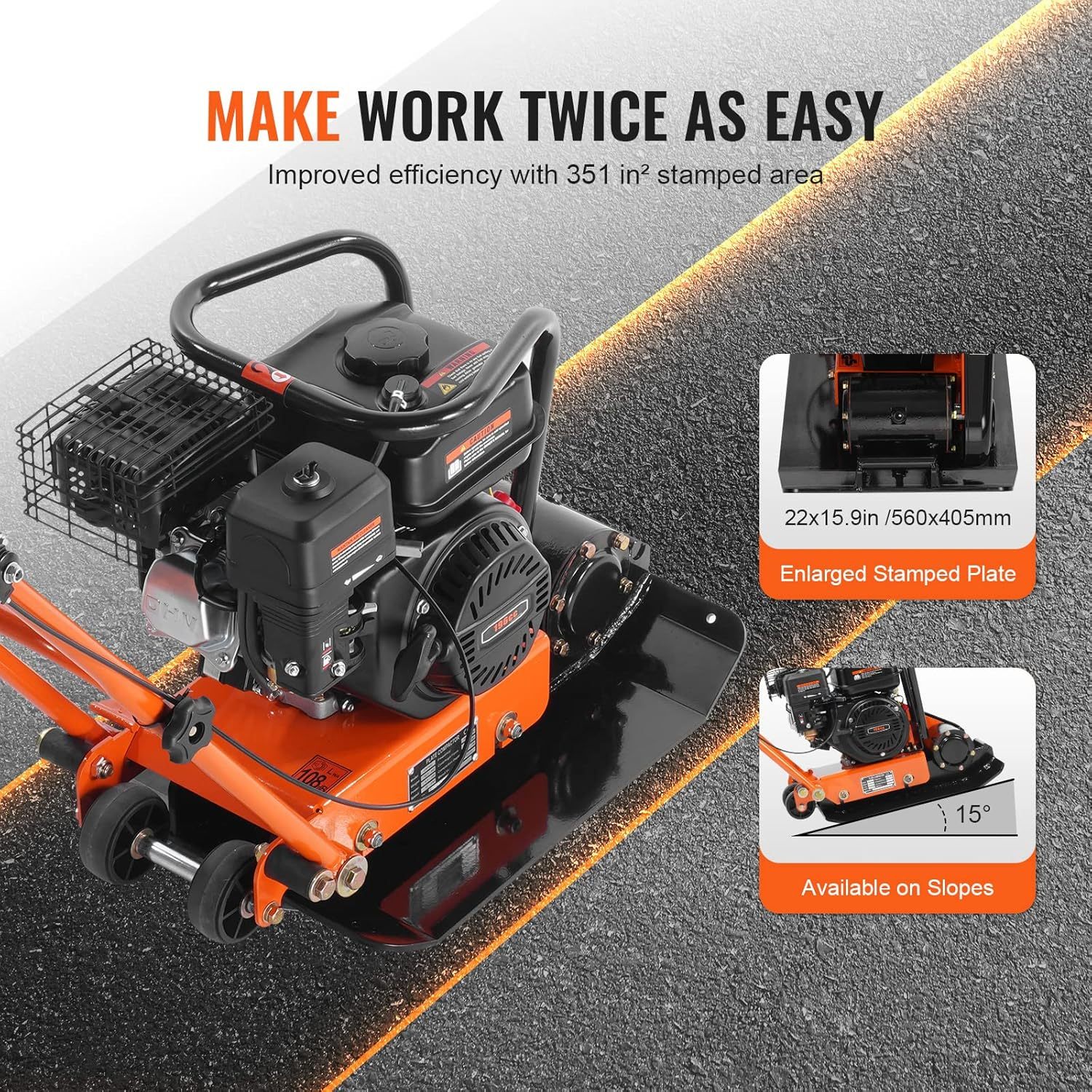 VEVOR 6.5HP Plate Compactor, 196CC Gas Engine, 2360 lbs Vibratory Compaction Tamper, 22.1x15.9 in Plate Power Jumping Jack Tamper, 5600 VPM Pavement Compactor for Walkways, Asphalts, Paver Landscaping