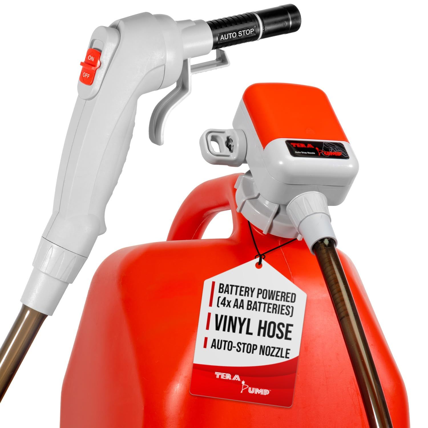 TERA PUMP TRFA03-XL Universal Gas Can Adapter Cap Battery Powered Fuel Transfer Pump (2.3 GPM) No Spill Sensor, 4.27 ft Vinyl Hose, Utility Jug Adapter, Power Nozzle, 4x AA Power