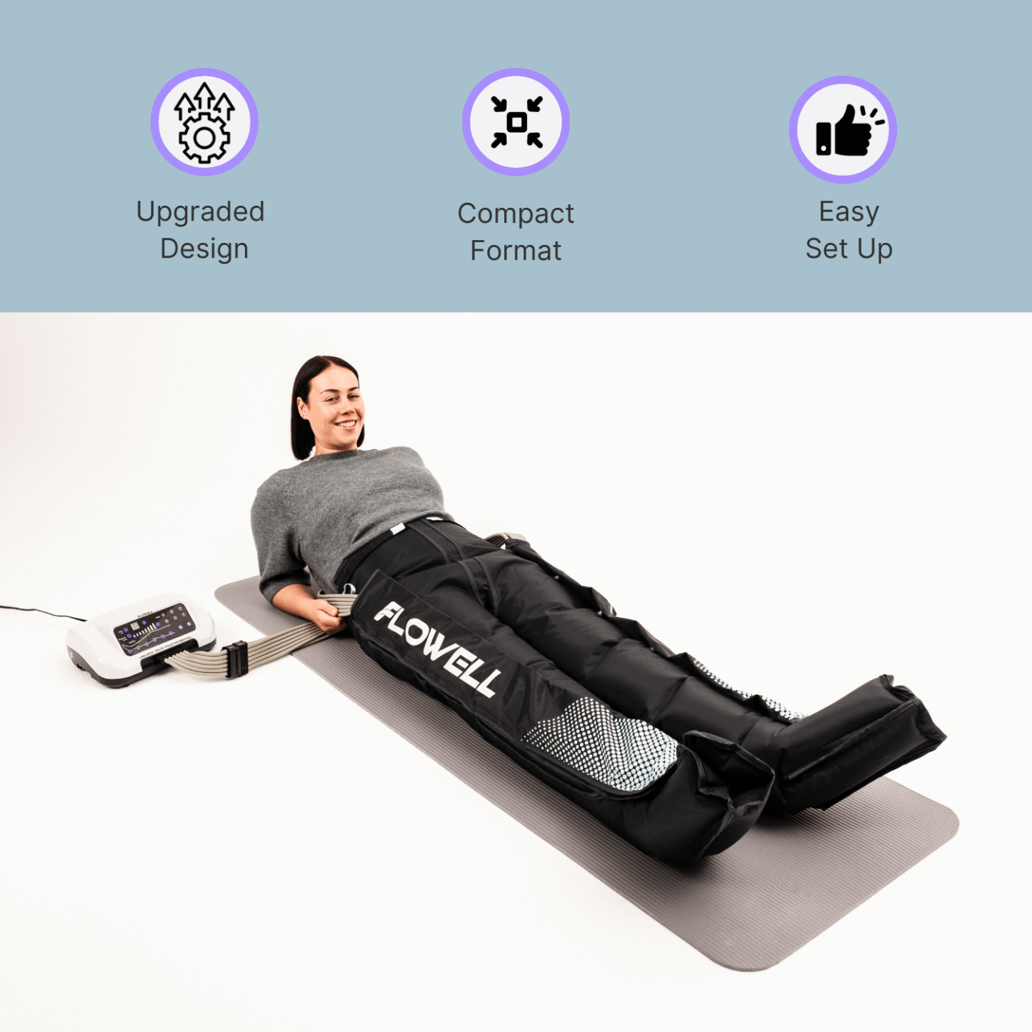 Flowell Home Deluxe Pants Set - Woman laying on floor wearing Flowell Home Deluxe Pants Set. Upgraded design. Compact format. Easy set up