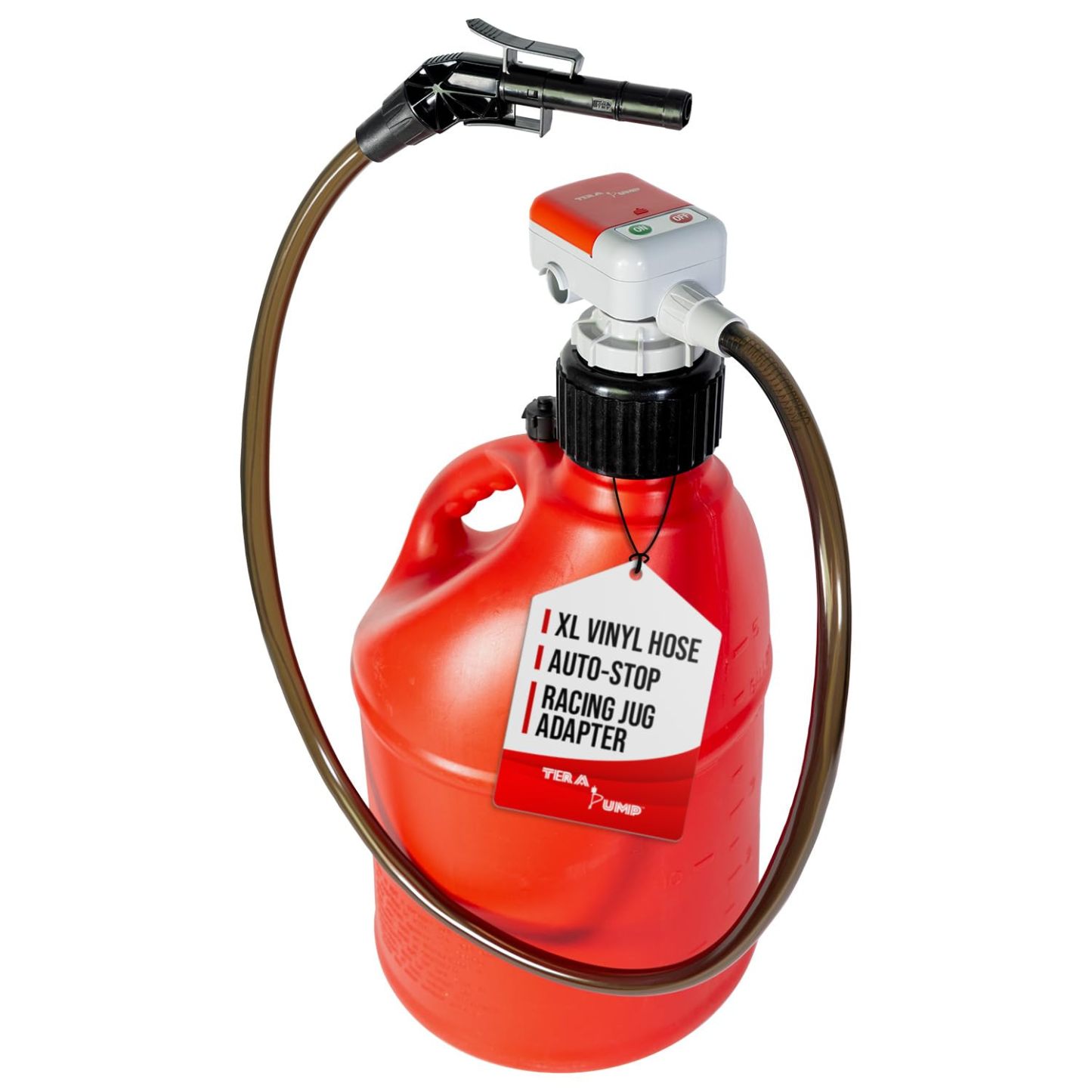 TERA PUMP TRFA03-XL Universal Gas Can Adapter Cap Battery Powered Fuel Transfer Pump (2.3 GPM) No Spill Sensor, 4.27 ft Vinyl Hose, Utility Jug Adapter, Power Nozzle, 4x AA Power