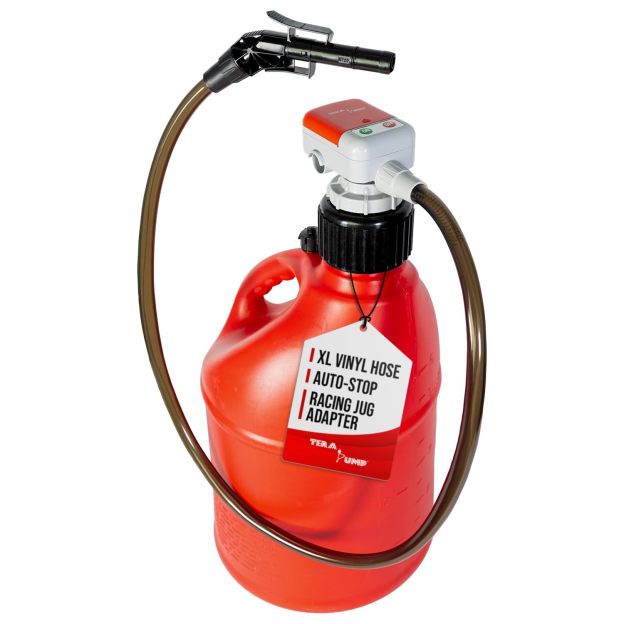 TERA PUMP TRFA03-XL Universal Gas Can Adapter Cap Battery Powered Fuel Transfer Pump (2.3 GPM) No Spill Sensor, 4.27 ft Vinyl Hose, Utility Jug Adapter, Power Nozzle, 4x AA Power
