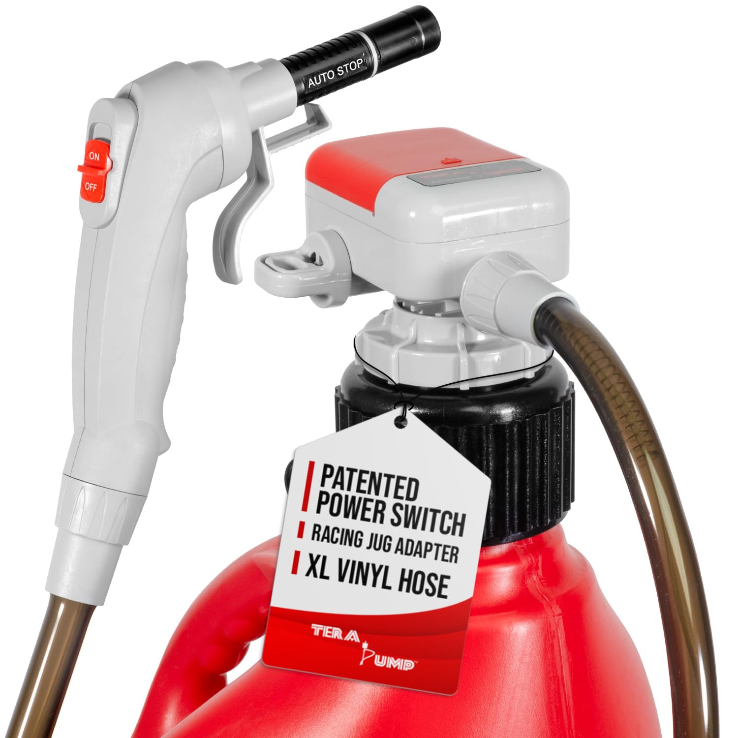 TERA PUMP TRFA03-XL Universal Gas Can Adapter Cap Battery Powered Fuel Transfer Pump (2.3 GPM) No Spill Sensor, 4.27 ft Vinyl Hose, Utility Jug Adapter, Power Nozzle, 4x AA Power