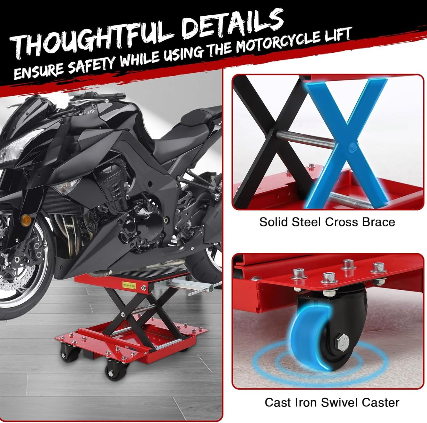 Garvee Motorcycle Lift Jack, 1200 lbs Scissor Jack with Wide Deck,  and Thickened 11.5mm Rubber Pad, Adjustable Height (6.3"-16.9") for ATVs, Dirt Bikes, Street Bikes, and Cruiser Bikes