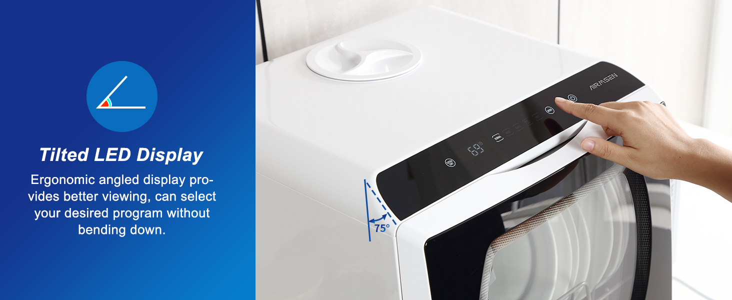 Tilted LED display on appliance control panel. Hand touching black touchscreen interface with visible buttons.