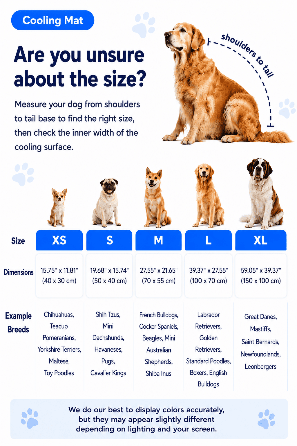 Klynein Cooling Mat size chart — XS to XL dimensions and example breeds