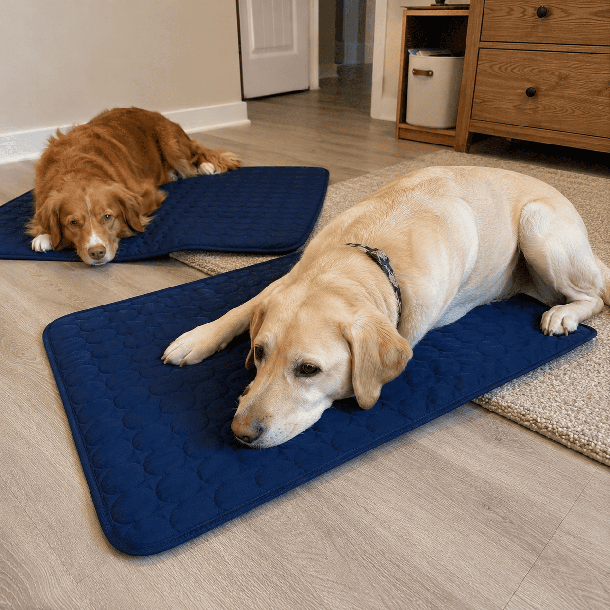 Two dogs resting on Klynein Cooling Mats — customer photo