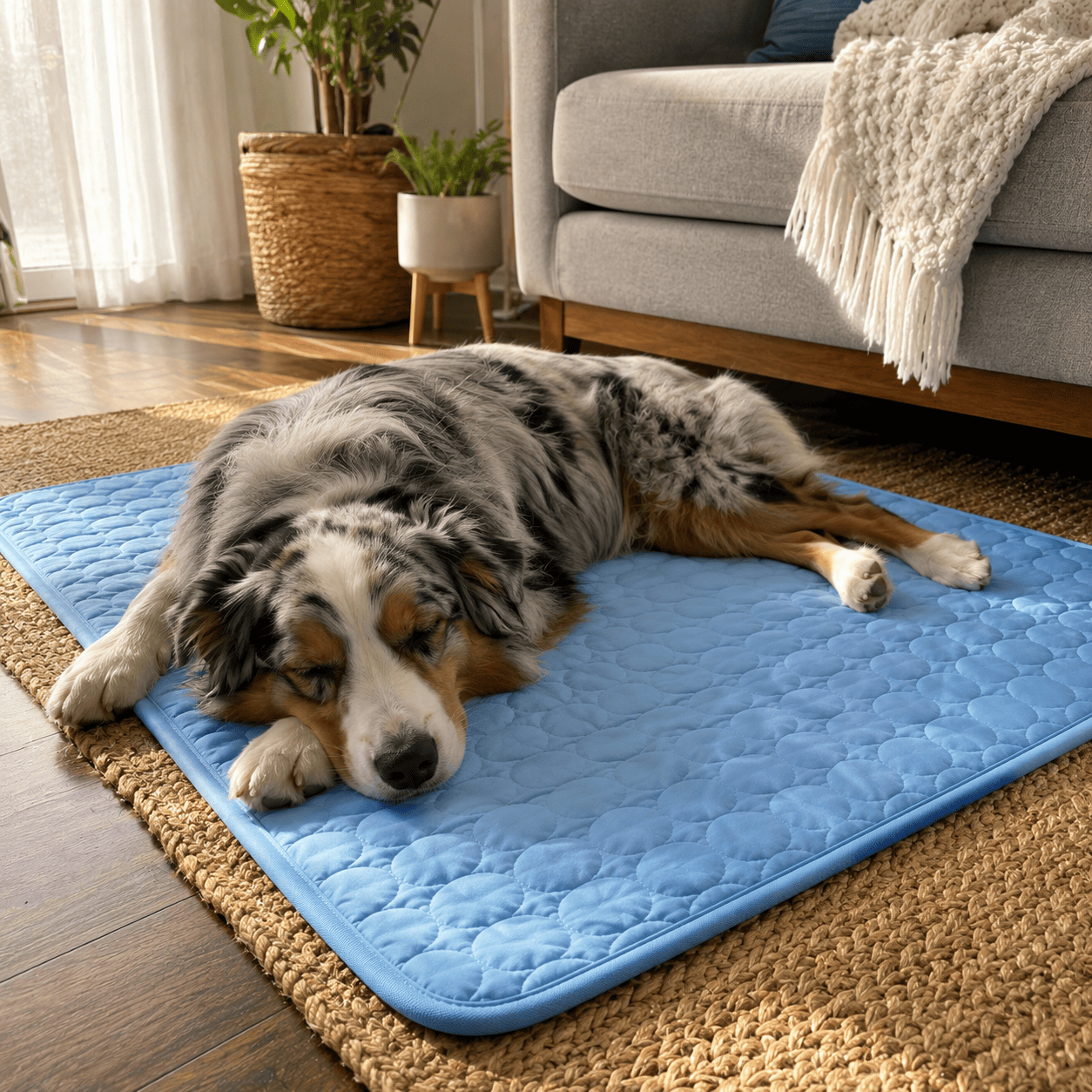 Dog stretched out on light-blue Klynein Cooling Mat — customer photo