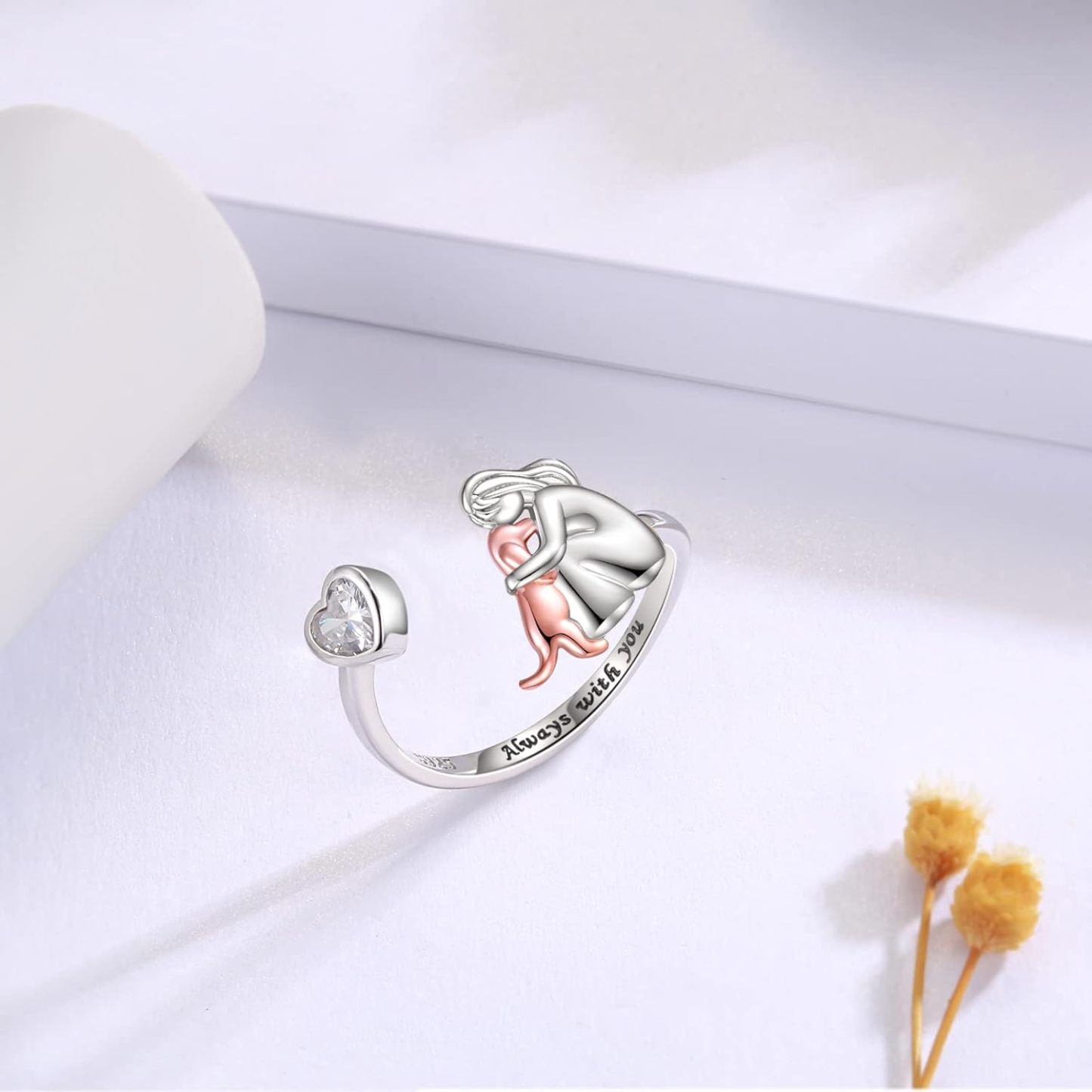 Adjustable Dog Ring in 925 Sterling Silver – “Always in My Heart” with Zirconia