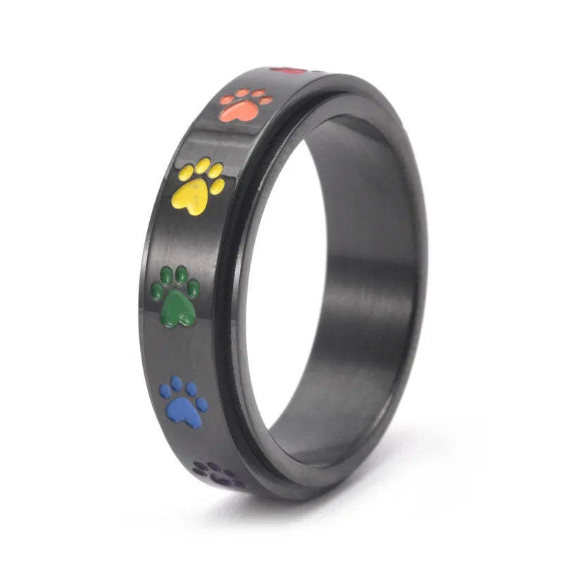 Spinning Stress Reducing Paw Ring – Stainless Steel with Rainbow Paws