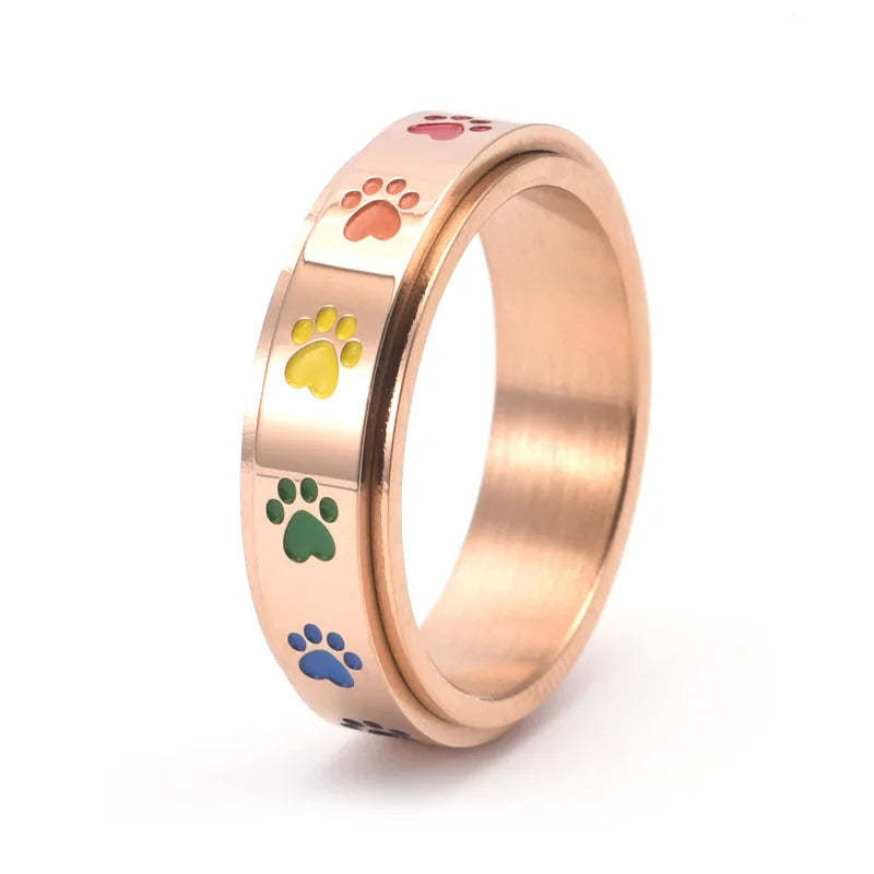 Spinning Stress Reducing Paw Ring – Stainless Steel with Rainbow Paws