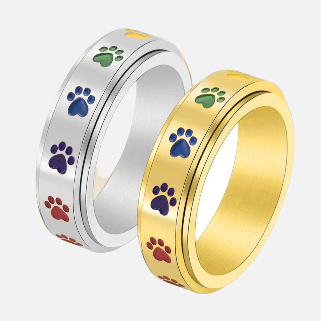 Spinning Stress Reducing Paw Ring – Stainless Steel with Rainbow Paws