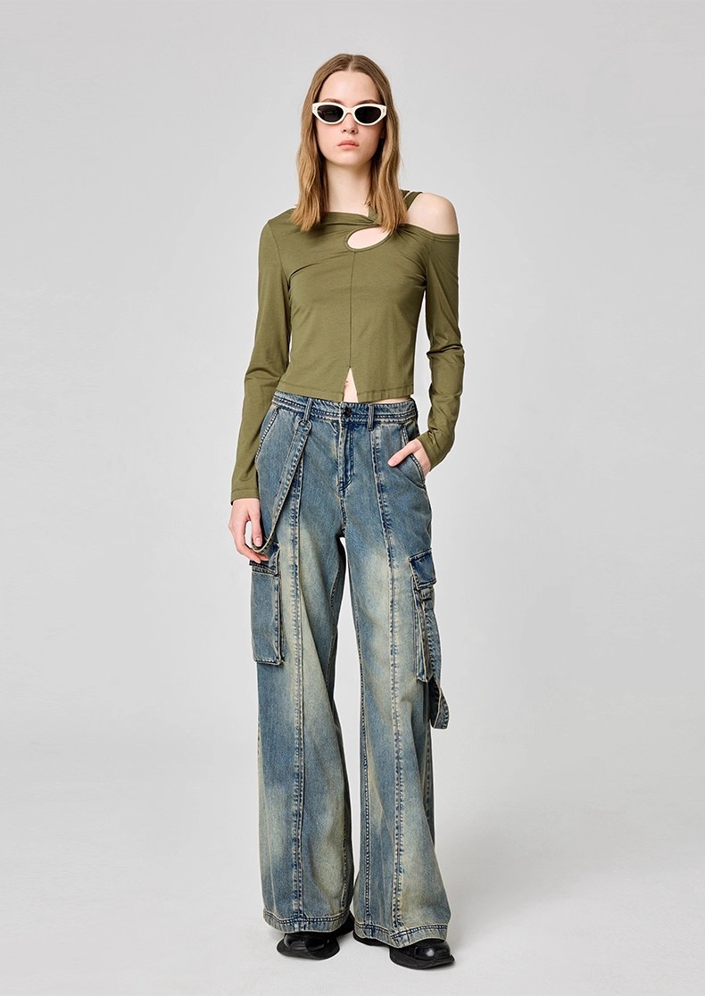 Slant collar hollow T-shirt 06