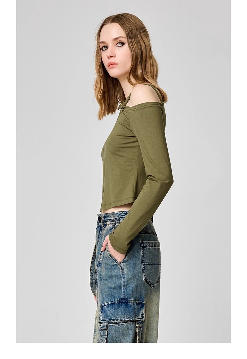 Slant collar hollow T-shirt 06