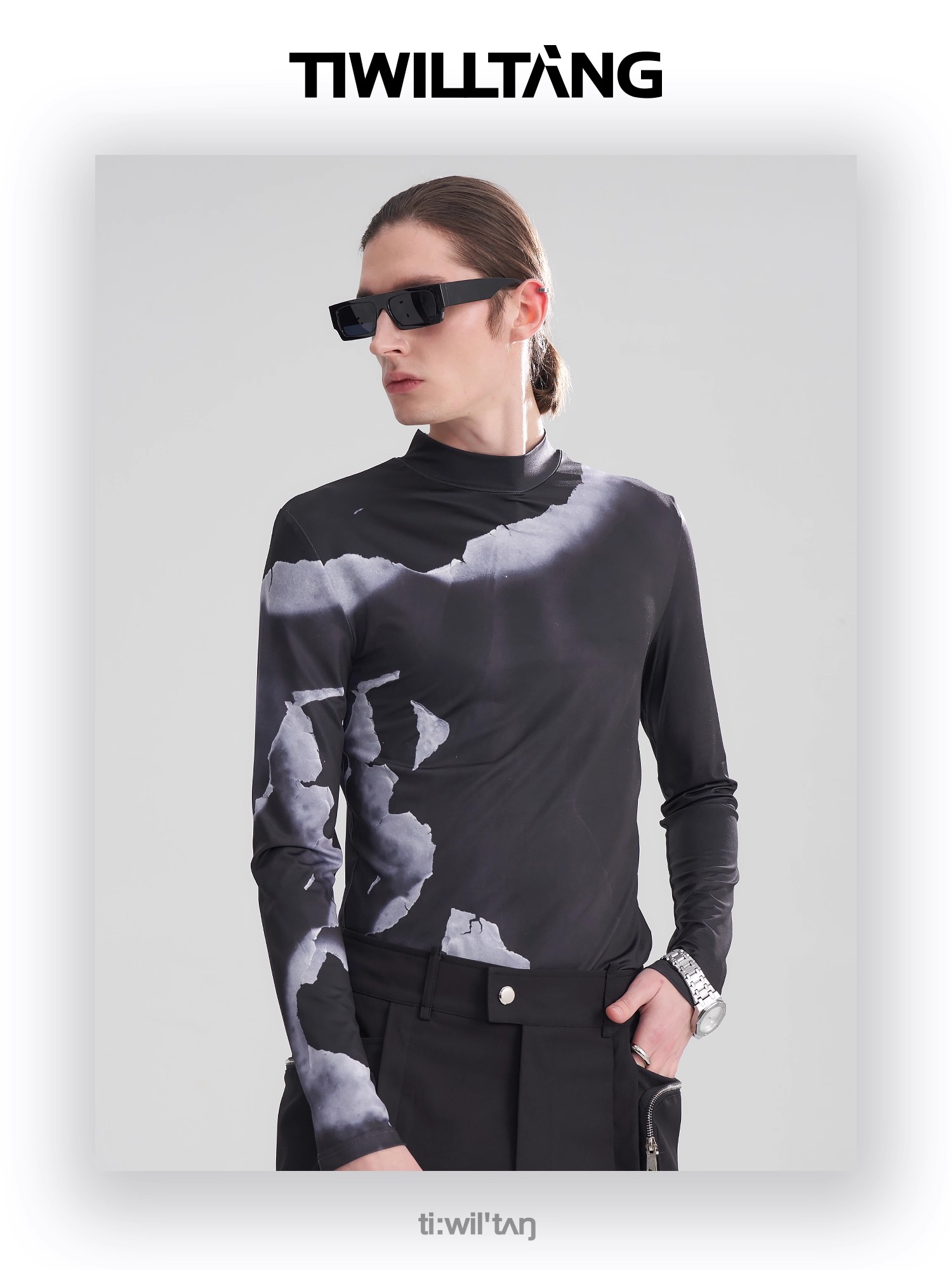 Burnt edge black and white gray high elastic bottoming shirt 07