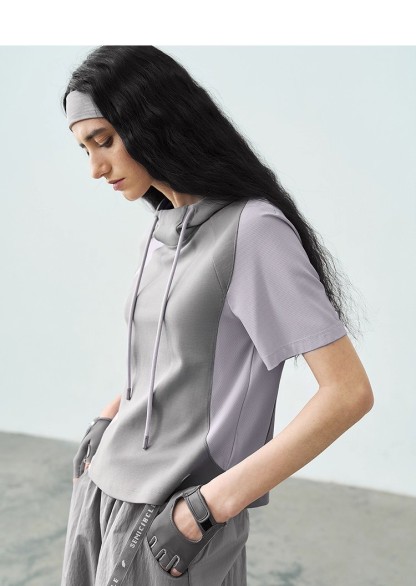 Hooded patchwork sports T-shirt 112