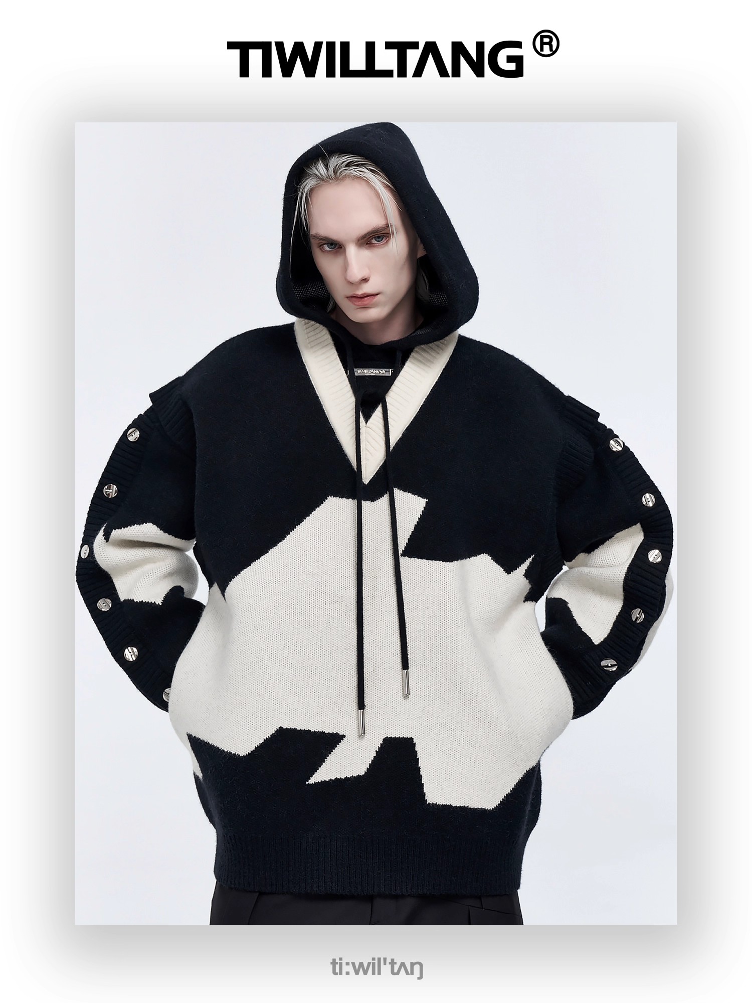 Fake two-piece embroidered hooded knitted sweatshirt 12