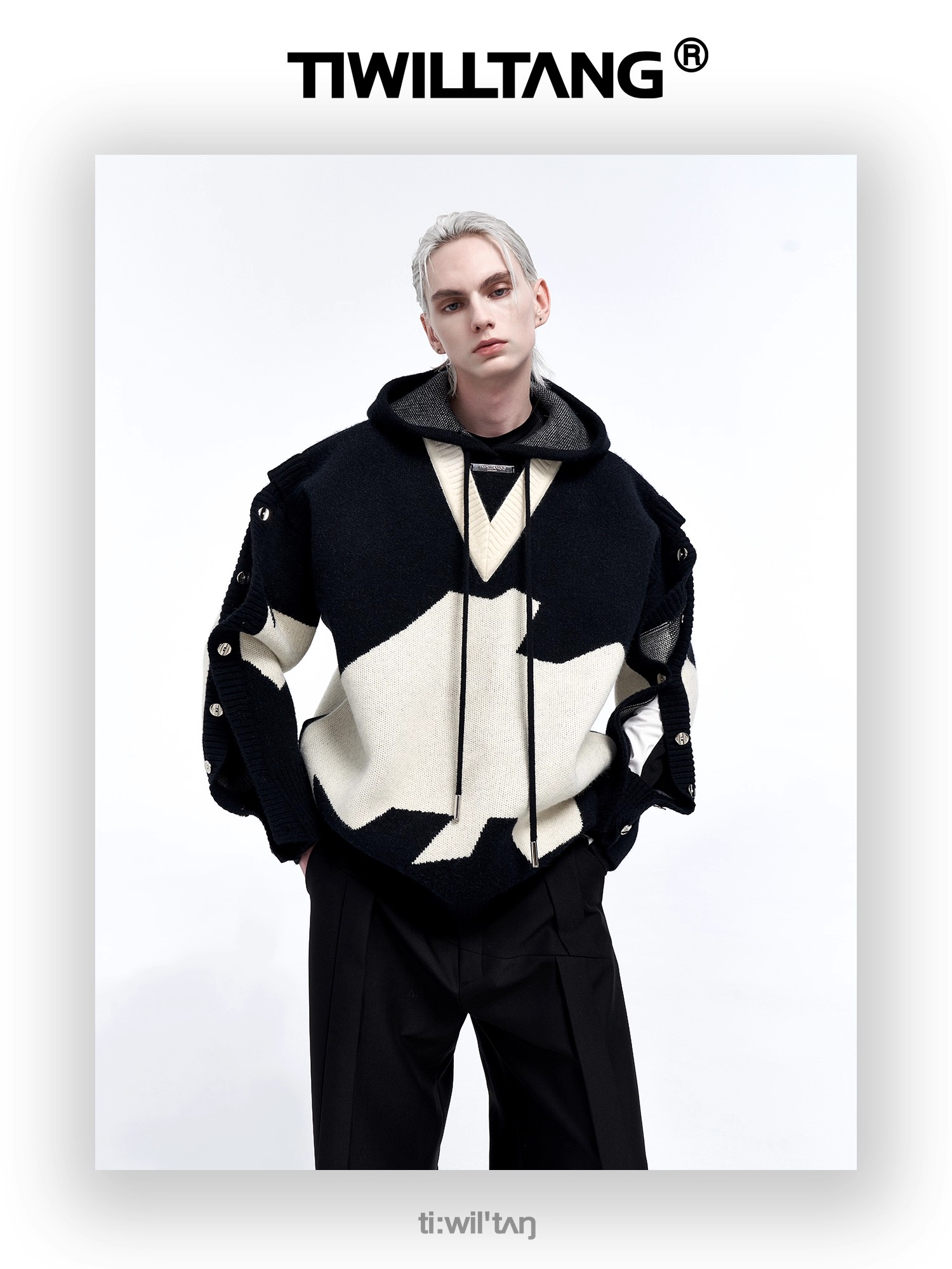 Fake two-piece embroidered hooded knitted sweatshirt 12